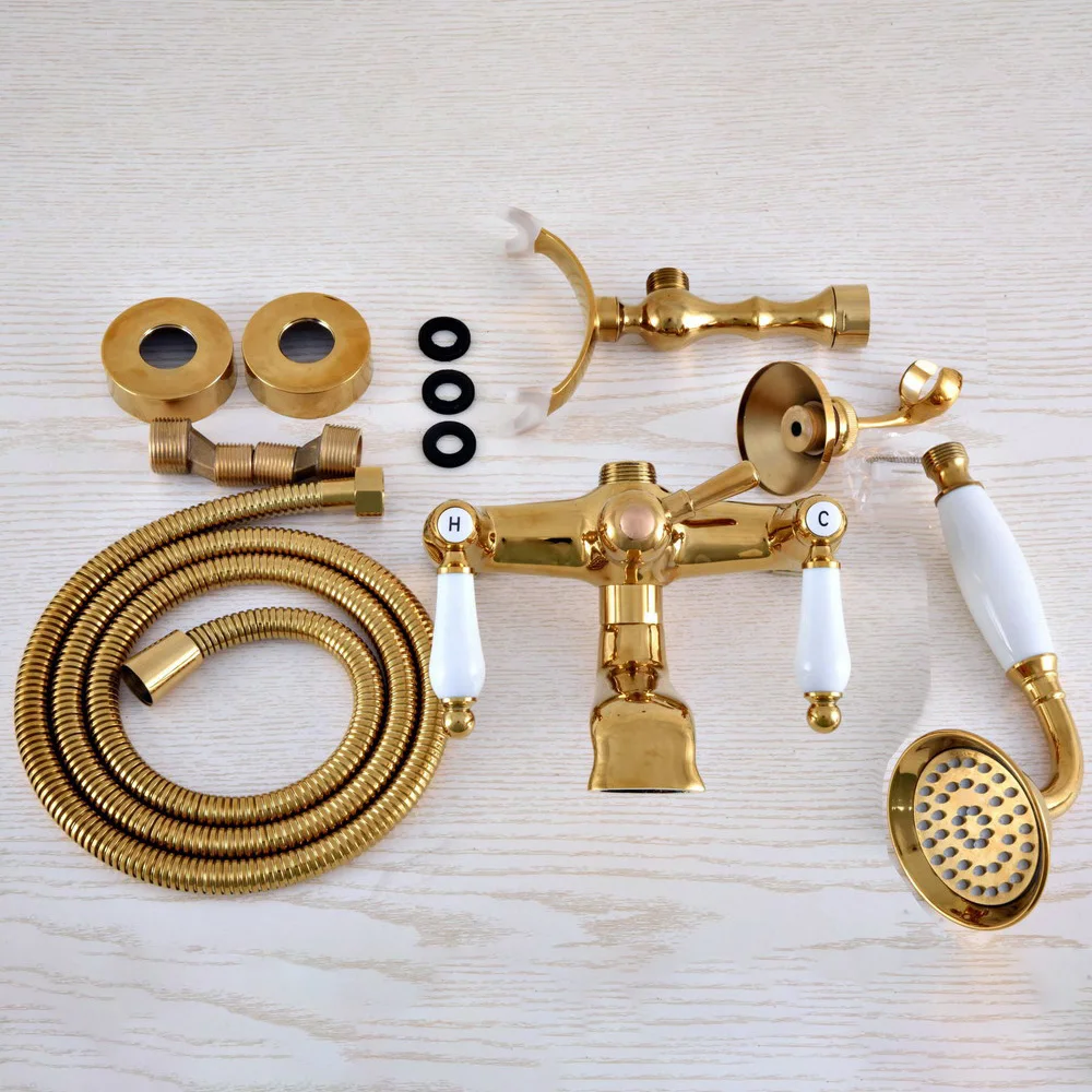 Contemporary Golden Brass Wall Mounted Bathroom Bathtub Faucet Set with 150CM Hose Handheld Shower Spray Head Mixer Tap Dna912