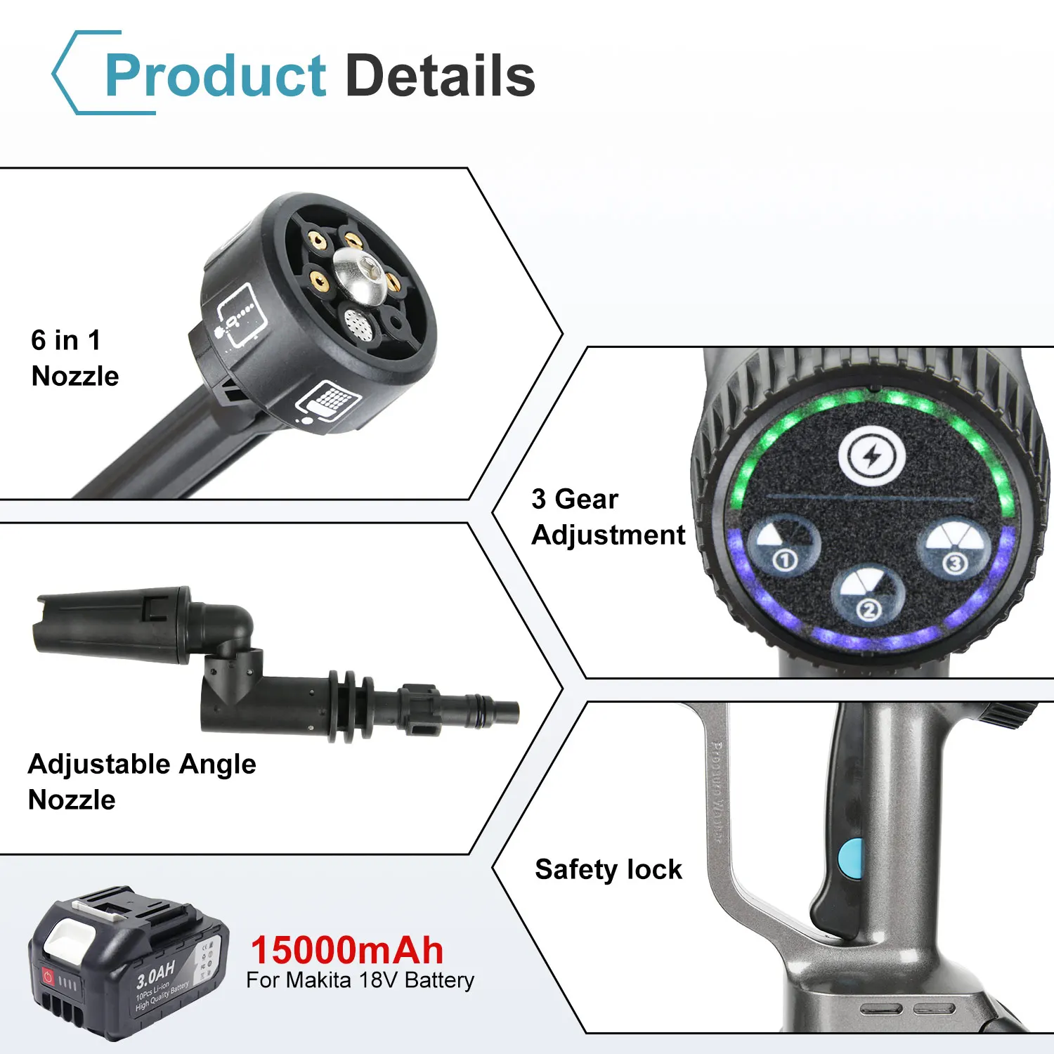 200 Bar 6-in-1 tragbare Hochdruck-Autowaschanlage 3500 W 3 Gänge kabellose Autowaschpistole mit Werkzeugkasten 15000 mAh 1/2 Batterien