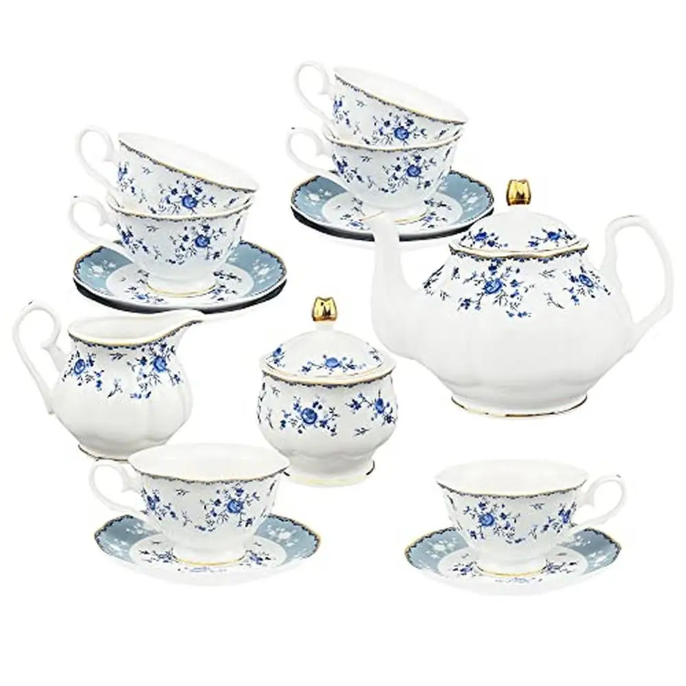 21 Piece Floral Porcelain Tea Set British Cup Saucer Party Women Roses Blue 【Teapot Sugar Bowl Milk Jug 6 Tea Cup