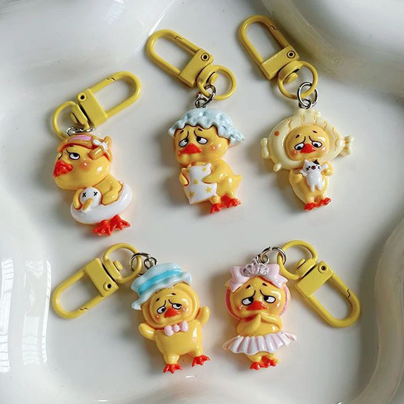 Porte-clés en résine de canard jaune pour filles, porte-clés pendentif, sac à dos Kawaii, breloque, sauna, étui de téléphone, accessoires, cadeau de couple