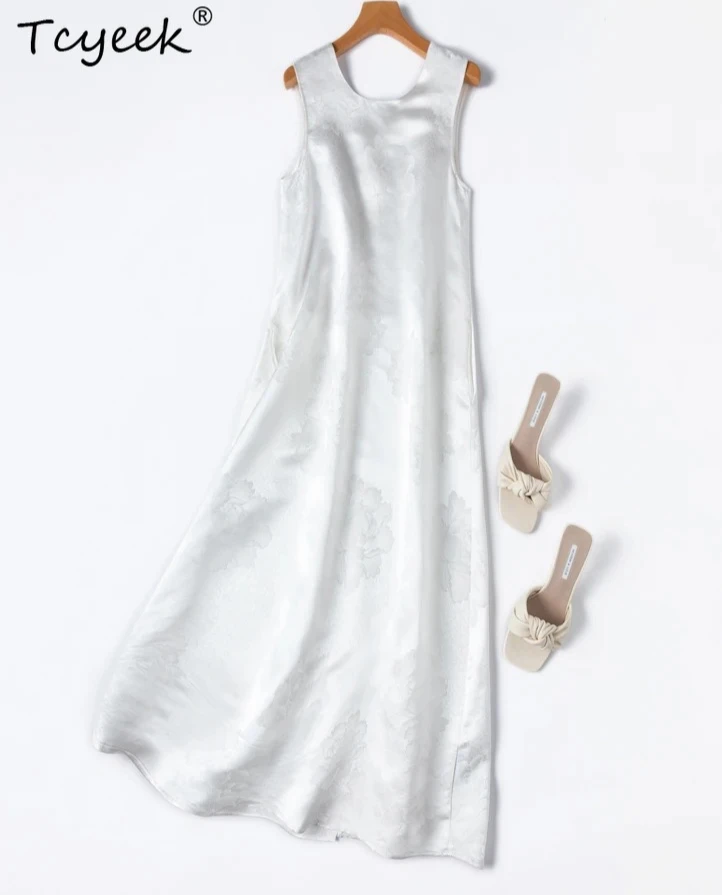 Tcyeek Heavyweight 35MM 100% Real Silk Dress for Women Elegant Womens Dresses Summer Clothes Party Dress Split Vestidos Mujer