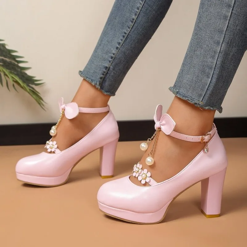 

Size 36-42 Women's Block Heel Pumps Floral & Pearl Tassel Bow Ankle Strap Ladies Kawaii Shoes