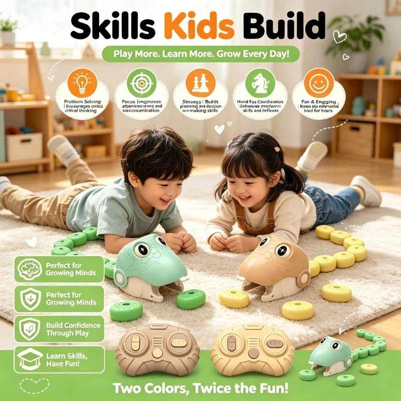 Rechargeable Remote Control Snake Toy for Kids with Body Piece Pickup and Individual Play Mode, 3.7 V Power 15UB