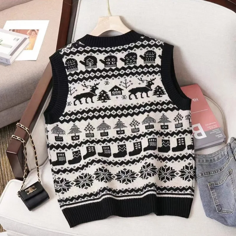 #3939 Black Red Khaki Sleeveless Pullover Vest Women Christmas Sweater Vest Female Slim Vintage Short Knitwear Pullover Vest