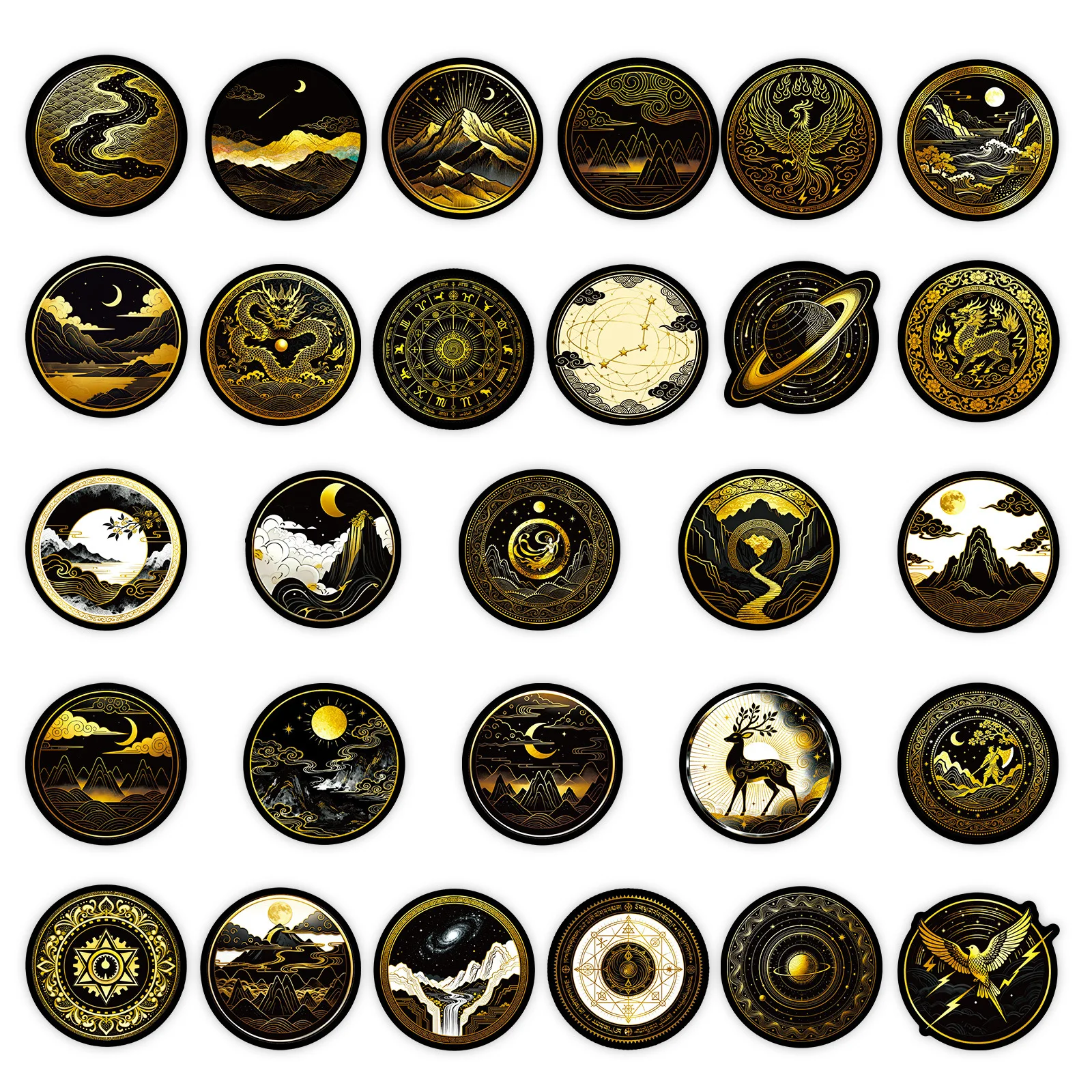 10/30/56 szt. Nowe czarno-złote naklejki z motywem niebiańskim, kreskówkowymi graffiti, okrągłe, z czarnymi krawędziami, kreatywne, personalizowane naklejki dekoracyjne ‌