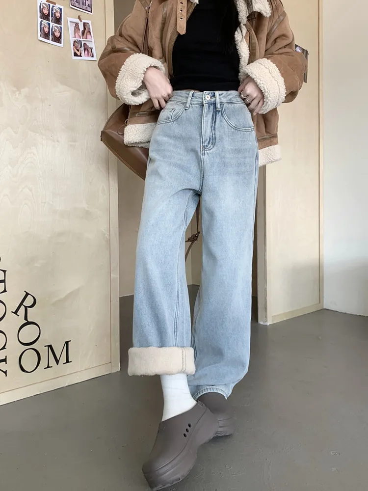 2023 Autumn Number Embroidery Warm Thicken Y2K Baggy Jeans Pants Women Clothes Washed Blue Straight Kpop Lady Elegant Trousers