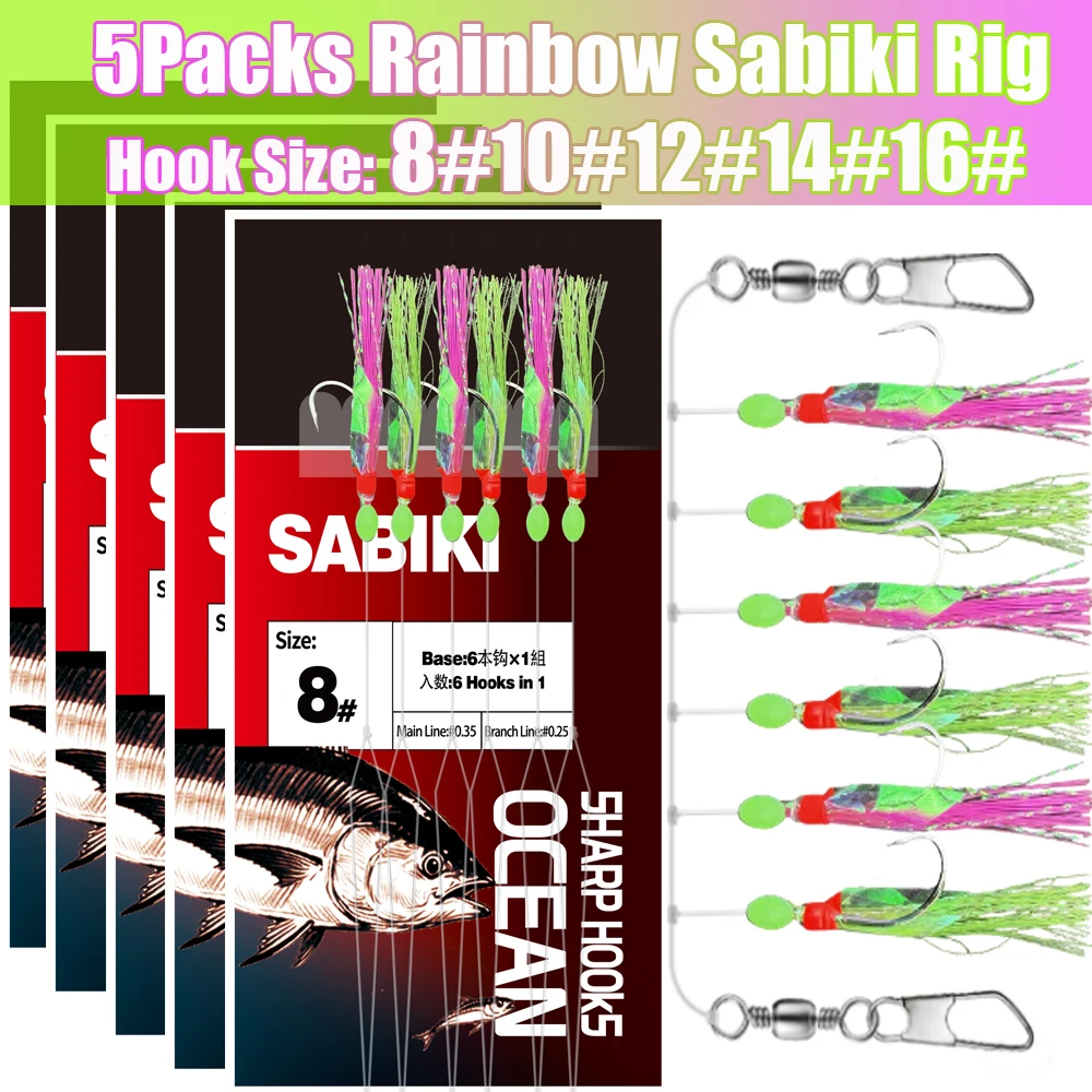 5 pacotes de equipamento de pesca Rainbow Sabiki, anzol de aço de alto carbono com contas luminosas, acessórios de alta eficiência para pesca de cavala e sardinha
