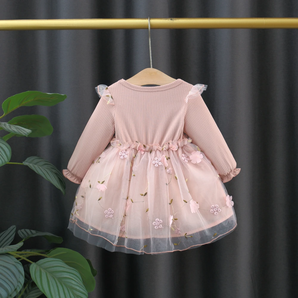 Long Sleeved Girls' Dress Spring And Autumn Baby Girl Double Bow Splicing Flower Embroidery Mesh Princess Dress