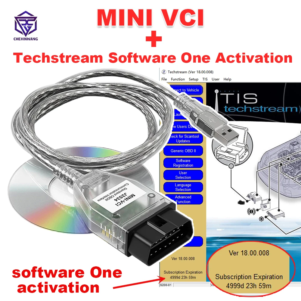 Mini Vci For Toyota TIS Techstream V18.00.008 Software One Activation FTDI FT232RL OBD2 Diagnostic Cable for Toyota/Lexus 2023