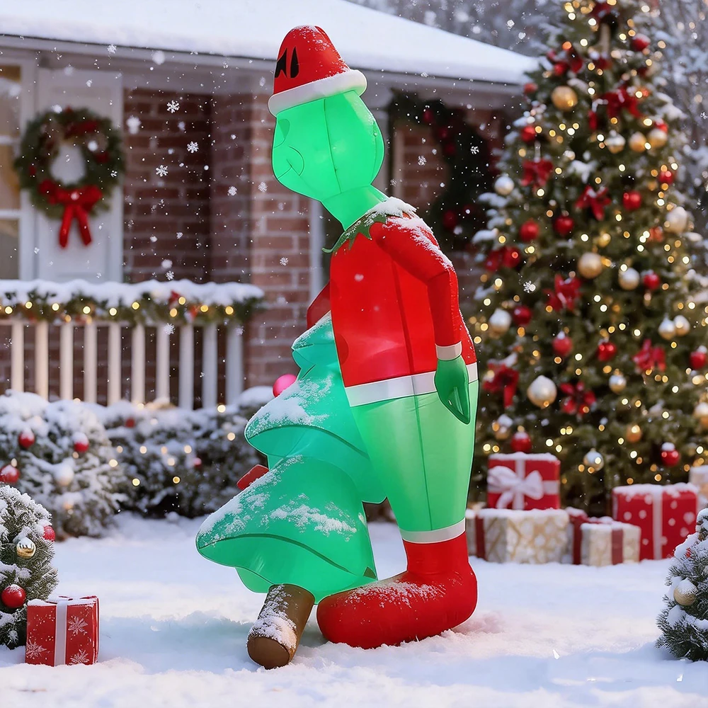 6.8FT 2.1m Christmas Inflatable Christmas Climbing Santa Inflatable Elf Inflatable Outdoor Garden LED Christmas Decorations
