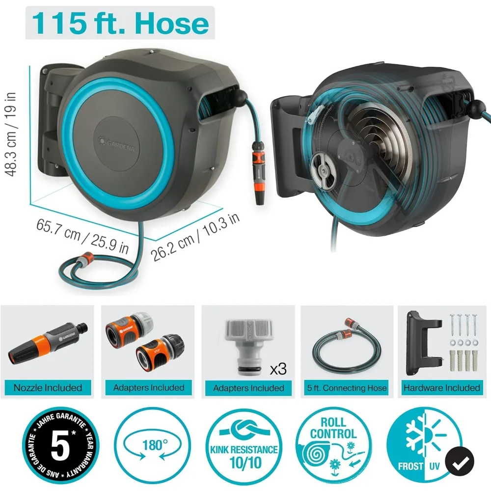 115' ft. Wall Mounted Retractable Hose Reel, Black and Turquoise