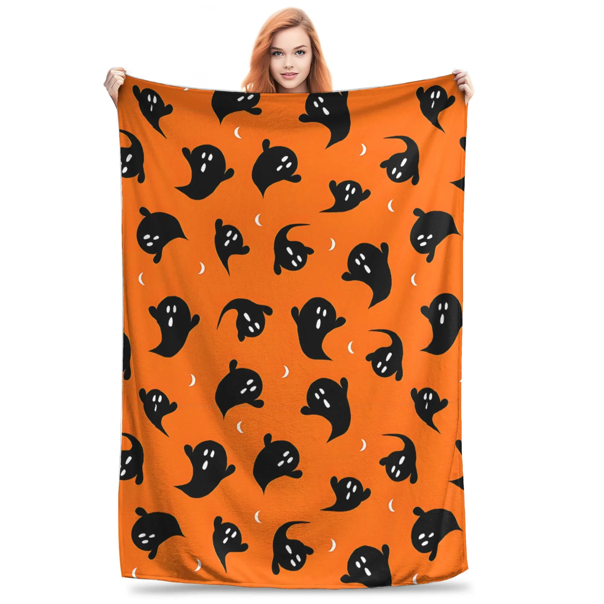 1PC Black Orange Ghost Boo Hallowee  Winter Blankets for Adults Bedding Home Interior Sofa Knee