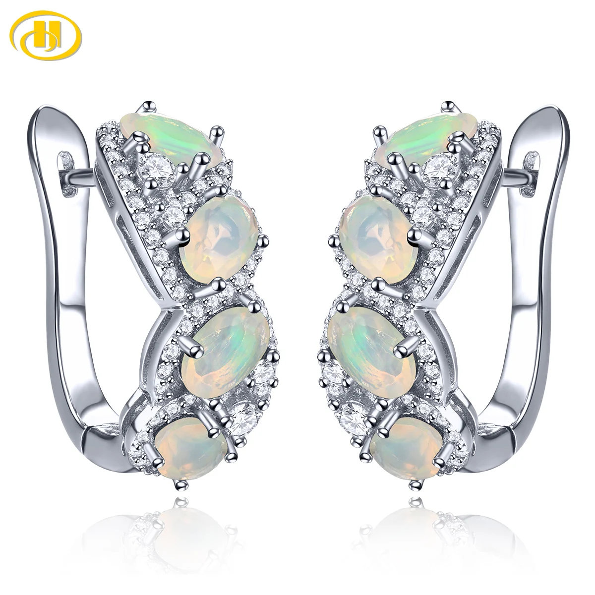 

Natural Opal Sterling Silver Hoop Earring 2.2 Carats Genuine Gemstone Classic Special Fine Jewelry Design S925 Rhodium Plated
