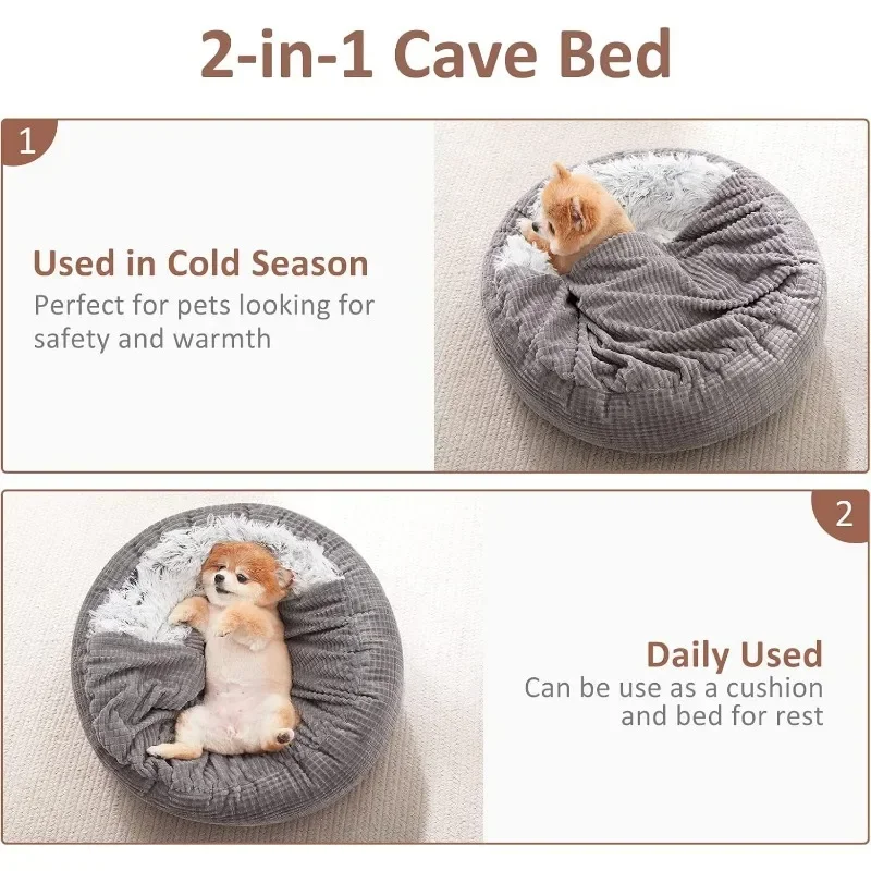 Dog Bed with Blanket Attached, Round Calming Hooded Cozy Cave Dog Beds for Mediun Dogs, Soft Plush Cuddler Puppy Pet Bed