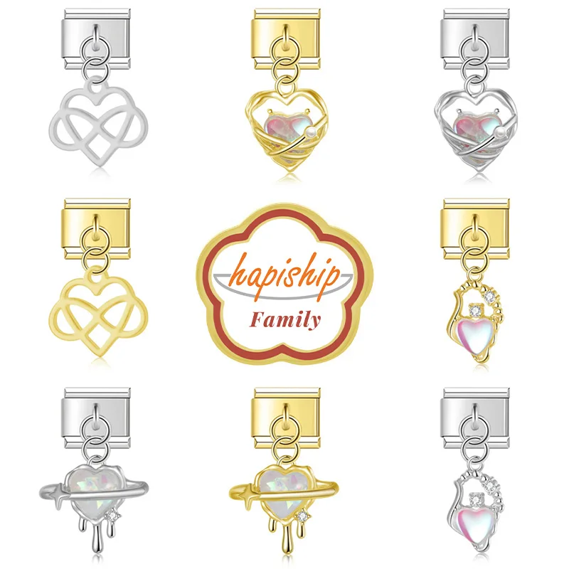 Hapiship Family 2024 Women Fashions Love Heart Charm Italian Links Fit 9mm Bracelet Stainless Steel Making DIY Jewelry NEW264