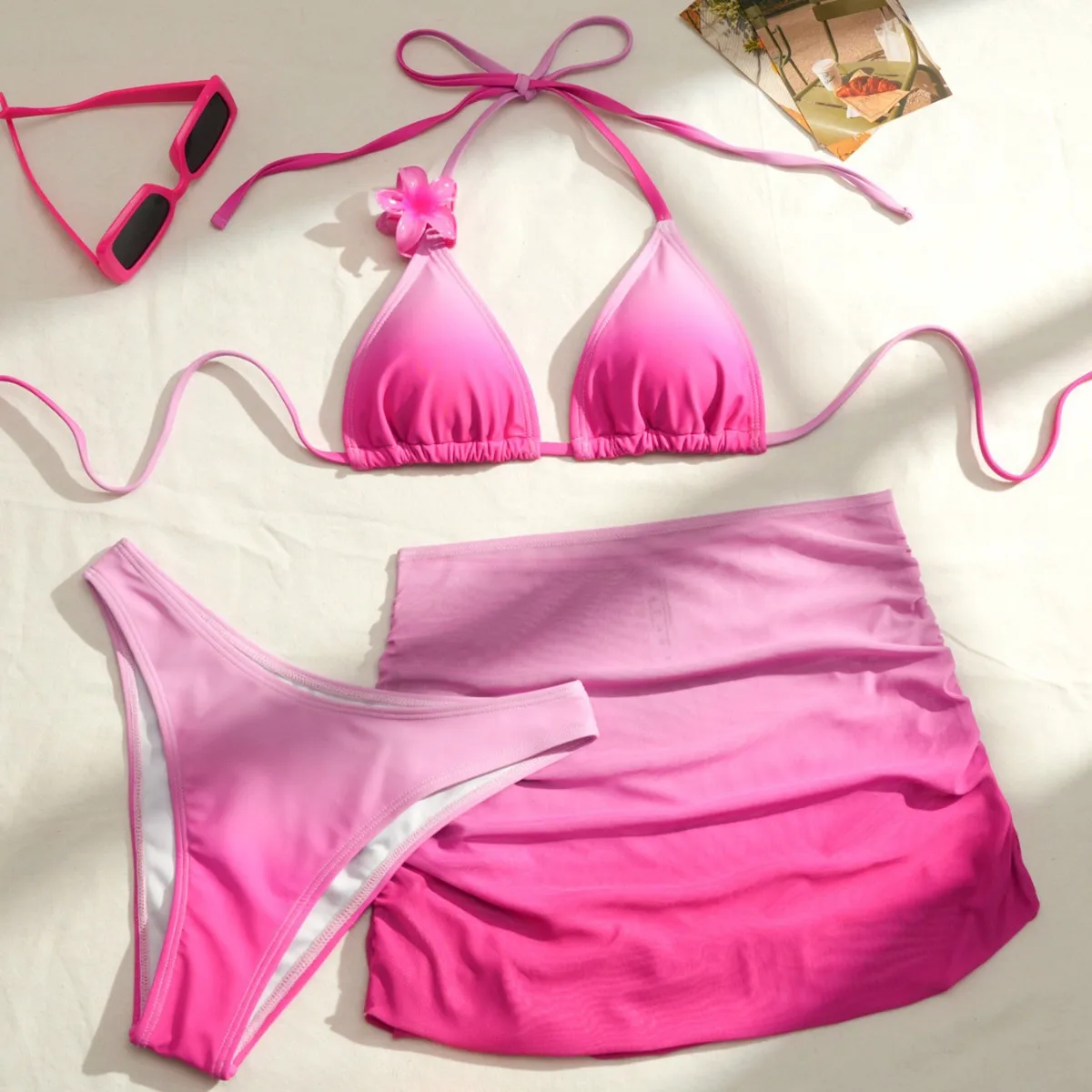 Gradient Color Sexy Bikini Set Women Halter Push Up Bra Skirt 3 Piece Swimsuit Bathing Suit Cover Up Swimwear Biquini Купальник