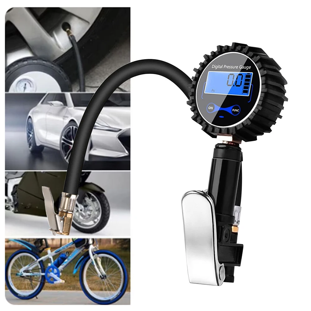 

Motorcycle Inflator Hose Adapter With Tire Pressure Gauge Bicycle Inflation Tire Pressure Tester Manometer Digital Clip-on Pump