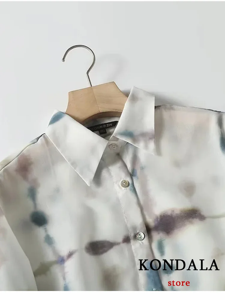 KONDALA Vintage Print Women Blouse Long Sleeve Turn-down Collar Single Breasted Loose Blouse Fashion 2023 Summer Holiday Shirts