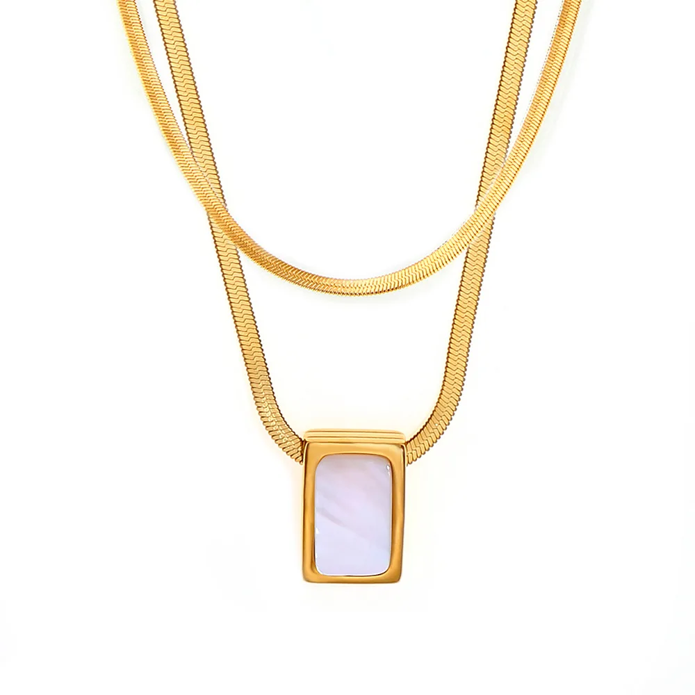 Fashion Natural Shell Square Pendant Necklace Women Stainless Steel Gold Plated Blade Chain Elegant Necklace Colorfast Jewelry