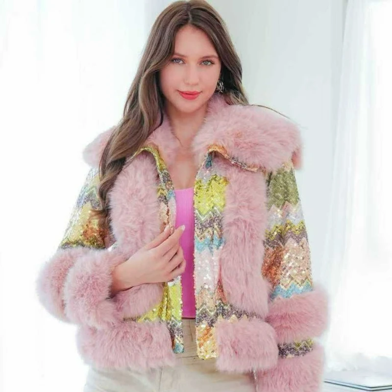 

Зимняя мода 2026, новая куртка с пайетками из искусственного меха, короткая стильная куртка из искусственного меха, милая толстая теплая куртка