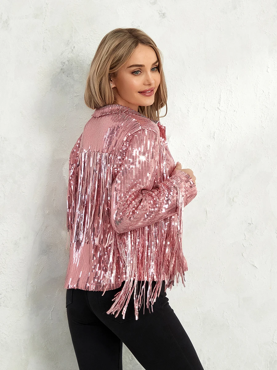 New Fashion Womens Sequin Party Jackets Sparkly Long Sleeve Open Front Tassel Jackets Blazers Clubwear Hot Sale S-3XL