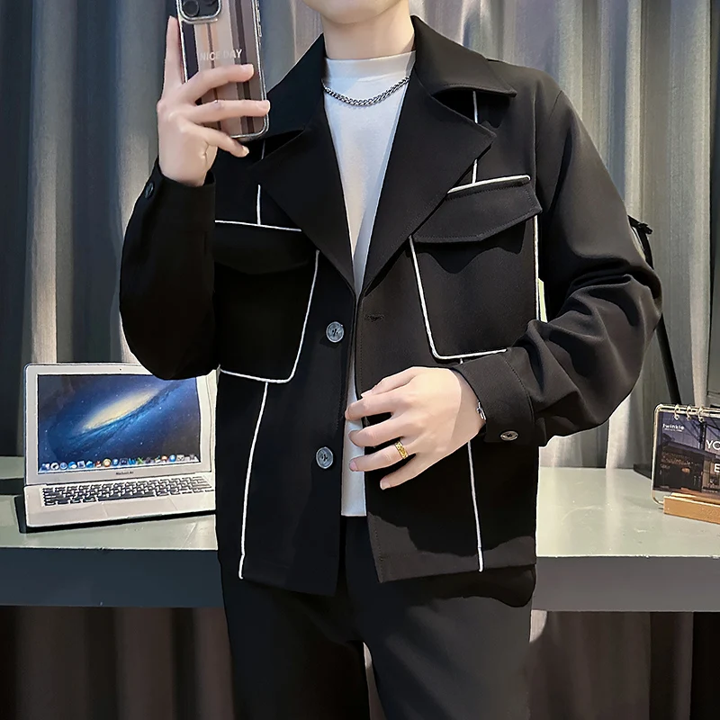 

Korean Autumn Suit Collar Jacket for Men Loose Casual Bomber Jacket Men Striped Decoration Social Street Wear Windproof Coats