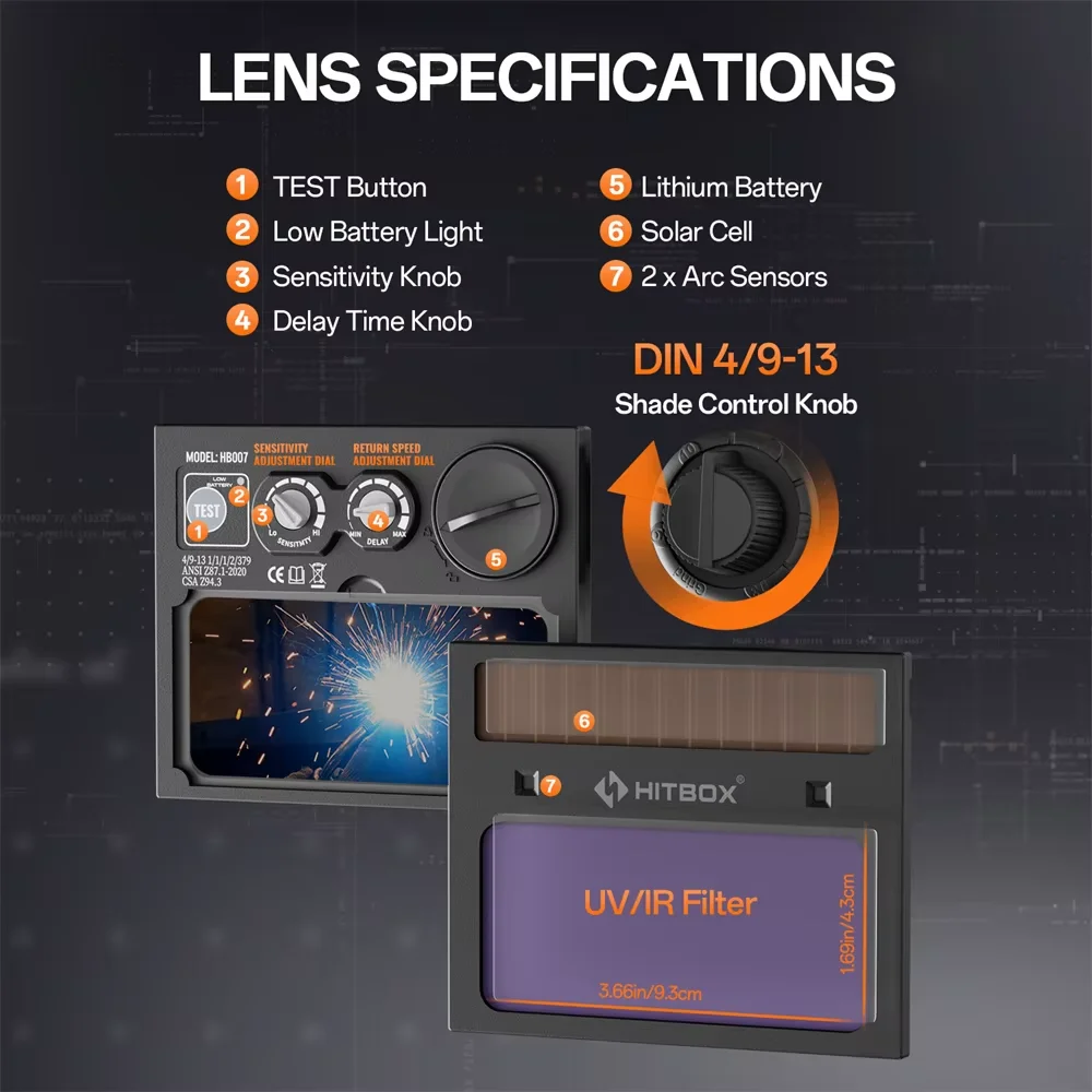 HITBOX Large Viewing Screen Solar Powered Auto Darkening HT111 Welding Helmet PRO ARC Sensor Wide Shade Mask For TIG MIG Welder