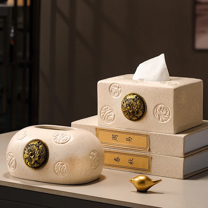 صندوق مناديل سيراميك مربع/دائري إبداعي طاولة طعام مزخرفة صندوق مناديل قابل للسحب مع تصميم زهور ذهبية ثلاثية الأبعاد ديكور منزلي #4