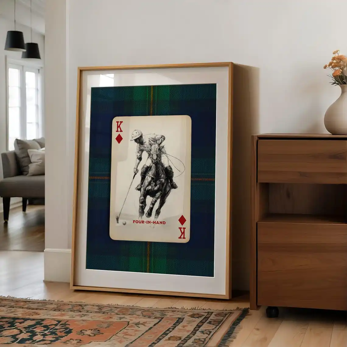 Polo Playing Card Wall Art Navy Plaid Equestrian Canvas Print Old Money Office Decor Heritage Americana Furnishings Decoration