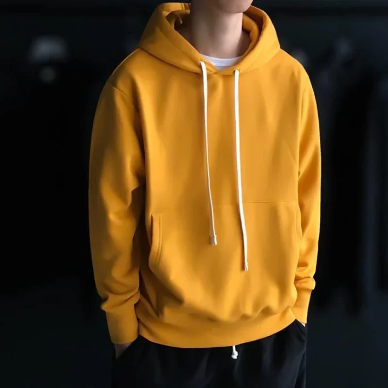 Hooded Men\'s Clothing No Logo Yellow Solid Sweatshirts for Man New in Winter Loose Novelty and Pastel Color Simple Brand Hoodies