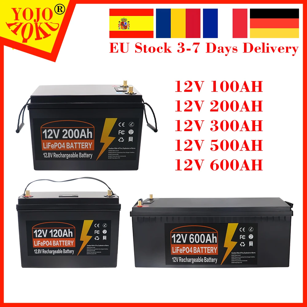 12V 600Ah 500Ah 300Ah 200Ah 100AH LiFePO4 Lithium Iron Phosphate Battery Built-in BMS 8000 Cycle For Golf Cart Solar RV Tax Free