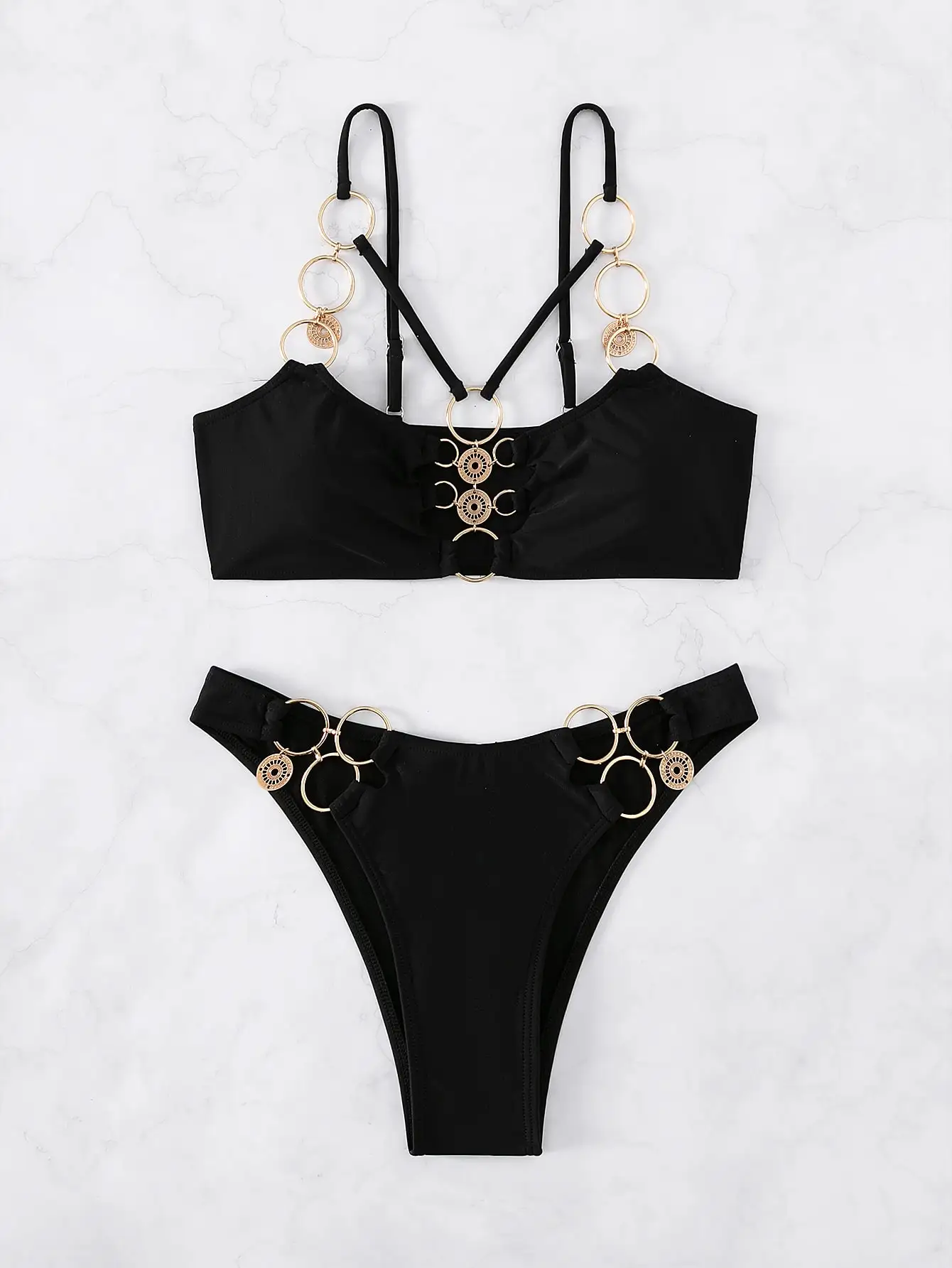 Ring Linked Harness Bikinis 2024 Black Swimsuit Solid Swimwear Women Bathers Bathing Swimming Suit Female Beachwear Summer