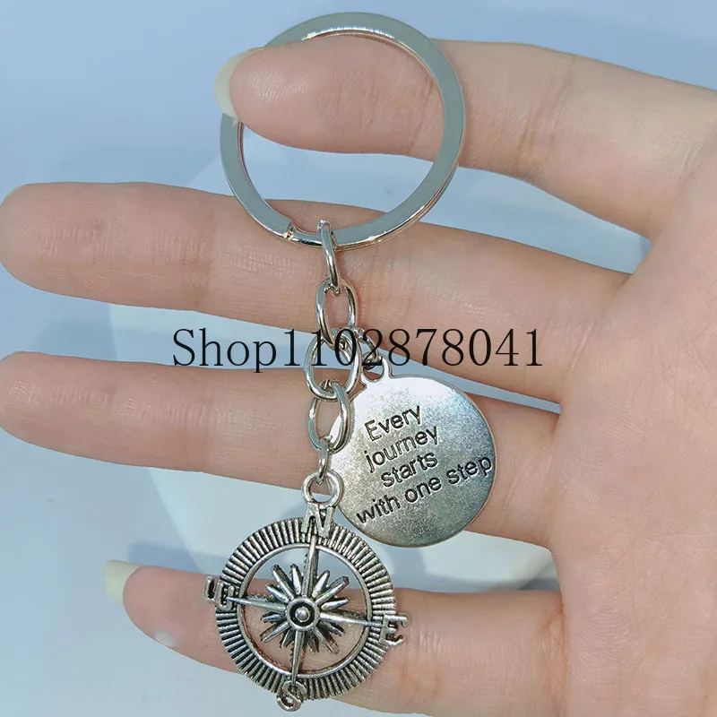 Fashion Jewelry Zinc Alloy Pendant Keychain Compass Ever Journal Starts with One Step Classic Gift