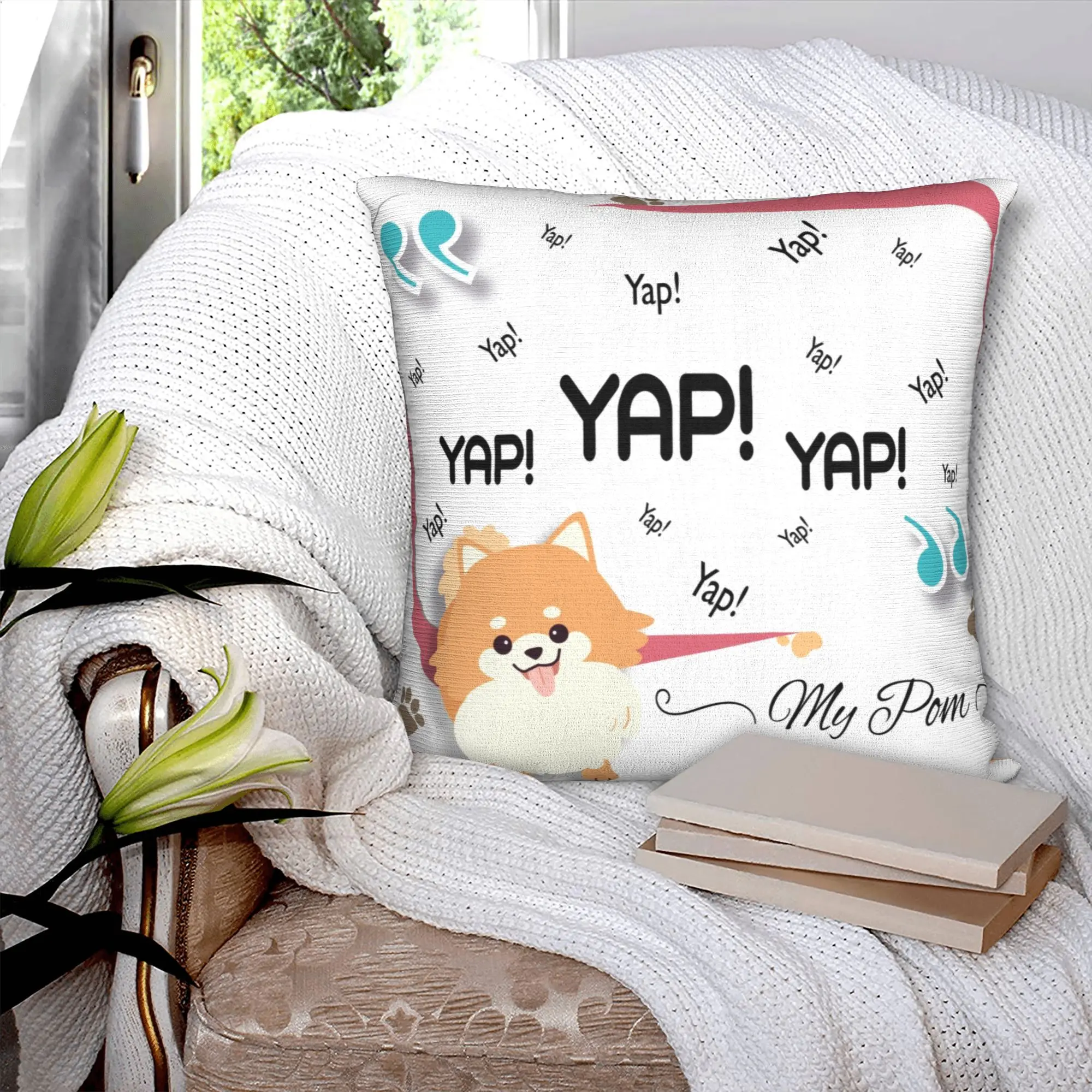 Pomeranian Quotes YAP YAP Barking Pillow Case Decor Home Kawaii Cartoon Spitz Dog Chair Cushion Square Pillowcase
