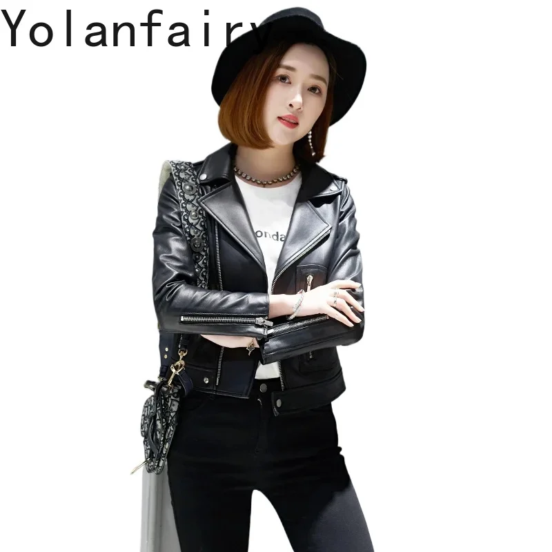 YOLANFAIRY Giacca in vera pelle Donna Cappotto primaverile in pelle di pecora Donna Giacca corta in pelle naturale da motociclista Cappotti slim Moda