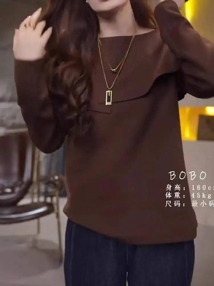 

2026 Весенняя женская футболка больших размеров во французском стиле Высококачественный вязаный топ Slim Fit Стильная уникальная рубашка с длинным рукавом для пышных фигурок