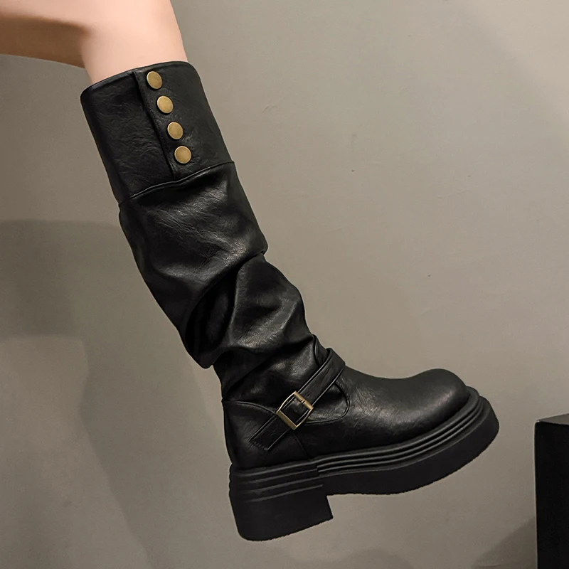 Vintage Women Knee High Boots Autumn Winter Ladies Causal Thick Heel Knight Long Botas Zapatos De Mujer image 3