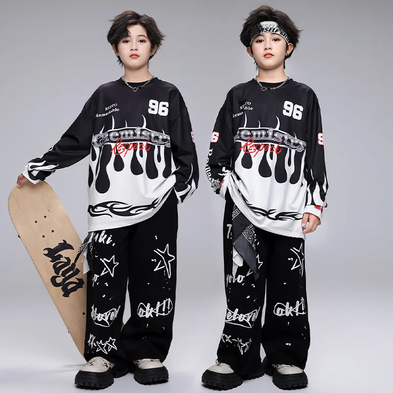 

Kid Hip Hop Clothing Black White Flame Long Sleeve T Shirt Casual Print Wide Sweat Pants for Girl Boy Jazz Dance Costume Clothes