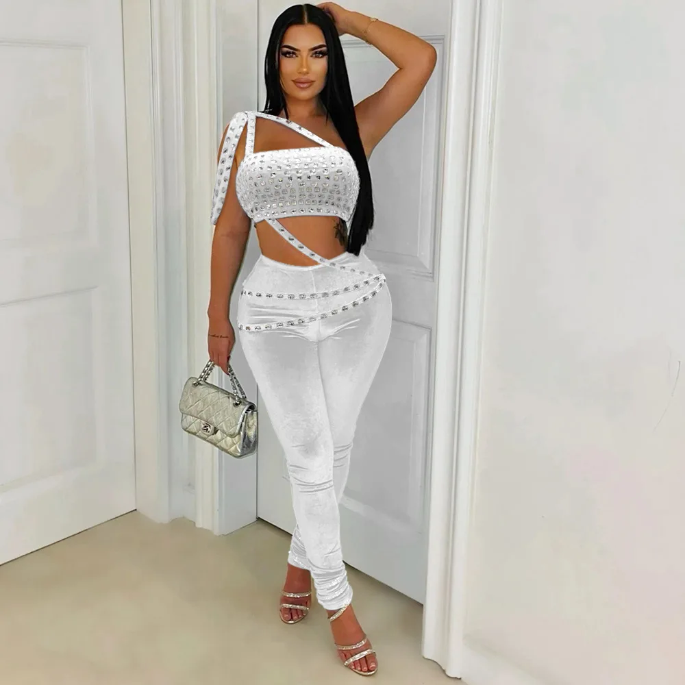 Rhinestone Velvet 2 Piece Pant Set Outfits 2024 Women Fall Luxury Clothing Bodycon Elegant Sexy Crop Tops Two Piece Pant Sets