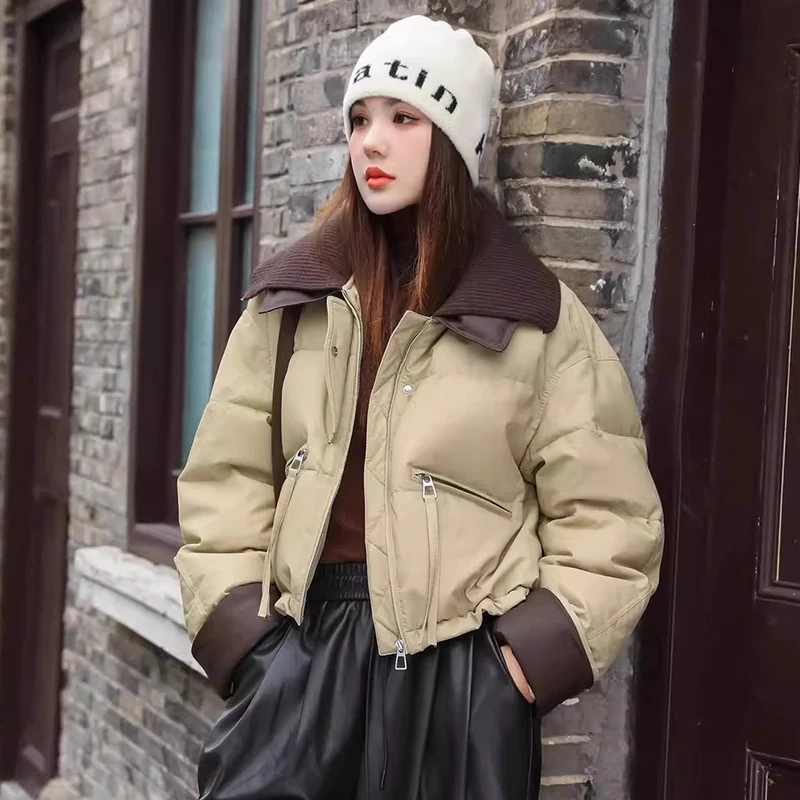 

Faionable ort PU Leather Knitted Collar Jaet Women's Cotton Coat Winter New Sle Korean Version Small Size Trendy Oute...