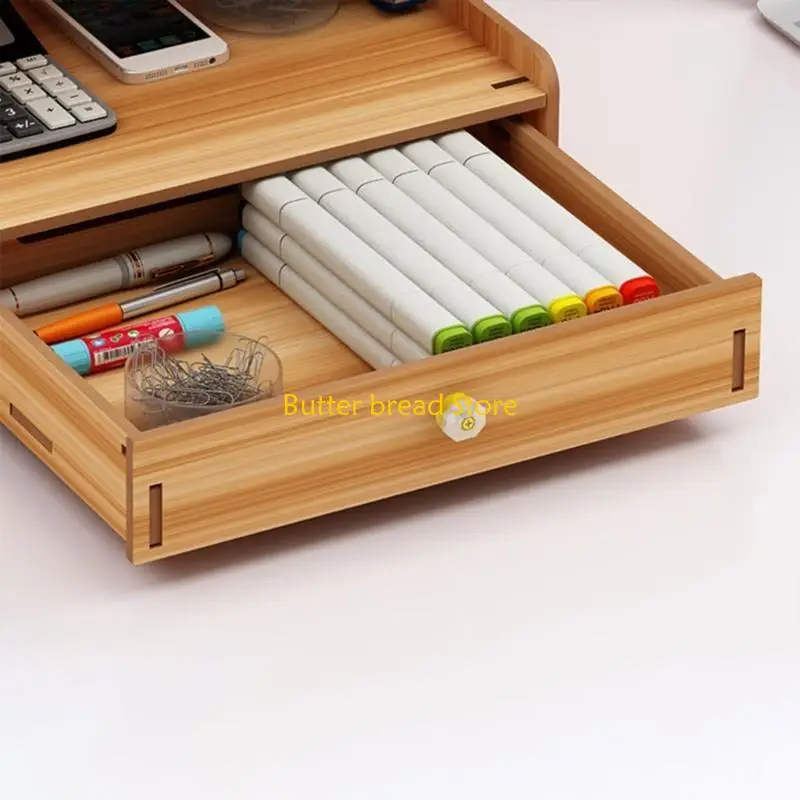 

W89C Wooden Pen Holder with Drawer Rack Multi-Functional Desktop Stationary Pencil Box Home Office Art Supplies