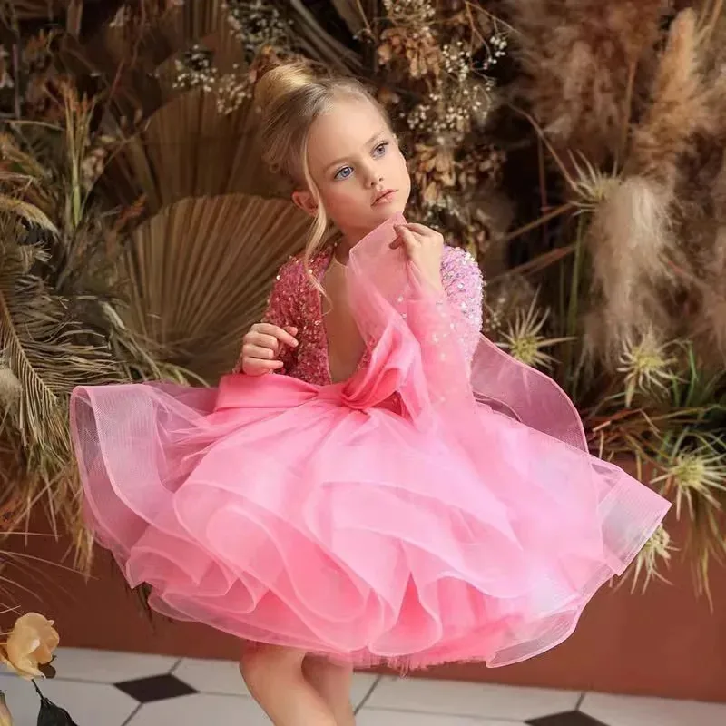

Girls Luxury Long Sleeve Sequins Pageant Dress For Kids Wedding Birthday Party First Communion Puffy Ball Gown Prom Puffy Dress