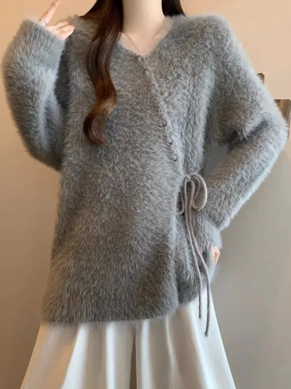 

ay Long Sve Knitted Sweater Women's Lazy Sle Belted Waist Slimming Versatile Top for Autumn Winter plus Size