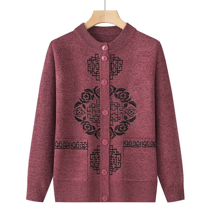 Cardigan Jacket New Sweaters For Middle-aged Women Knitting Coats Mothers Vintage Spring Autumn Round Necked Knitwear Clothing