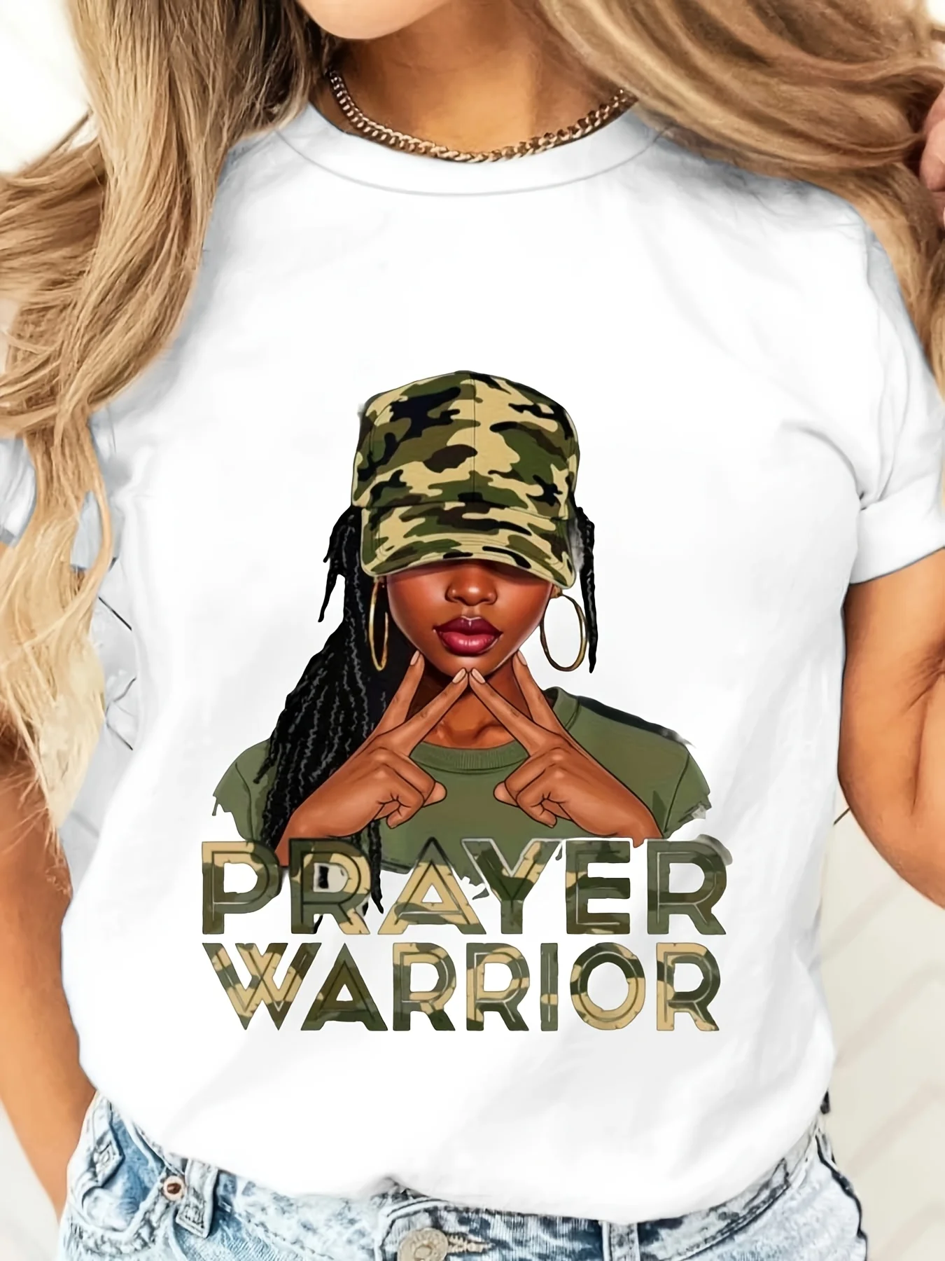 Prayer Warrior Camo Girl Graphic Print, T-Shirt, Faith Religious Spiritual Theme, Casual Daily Wear Streetwear