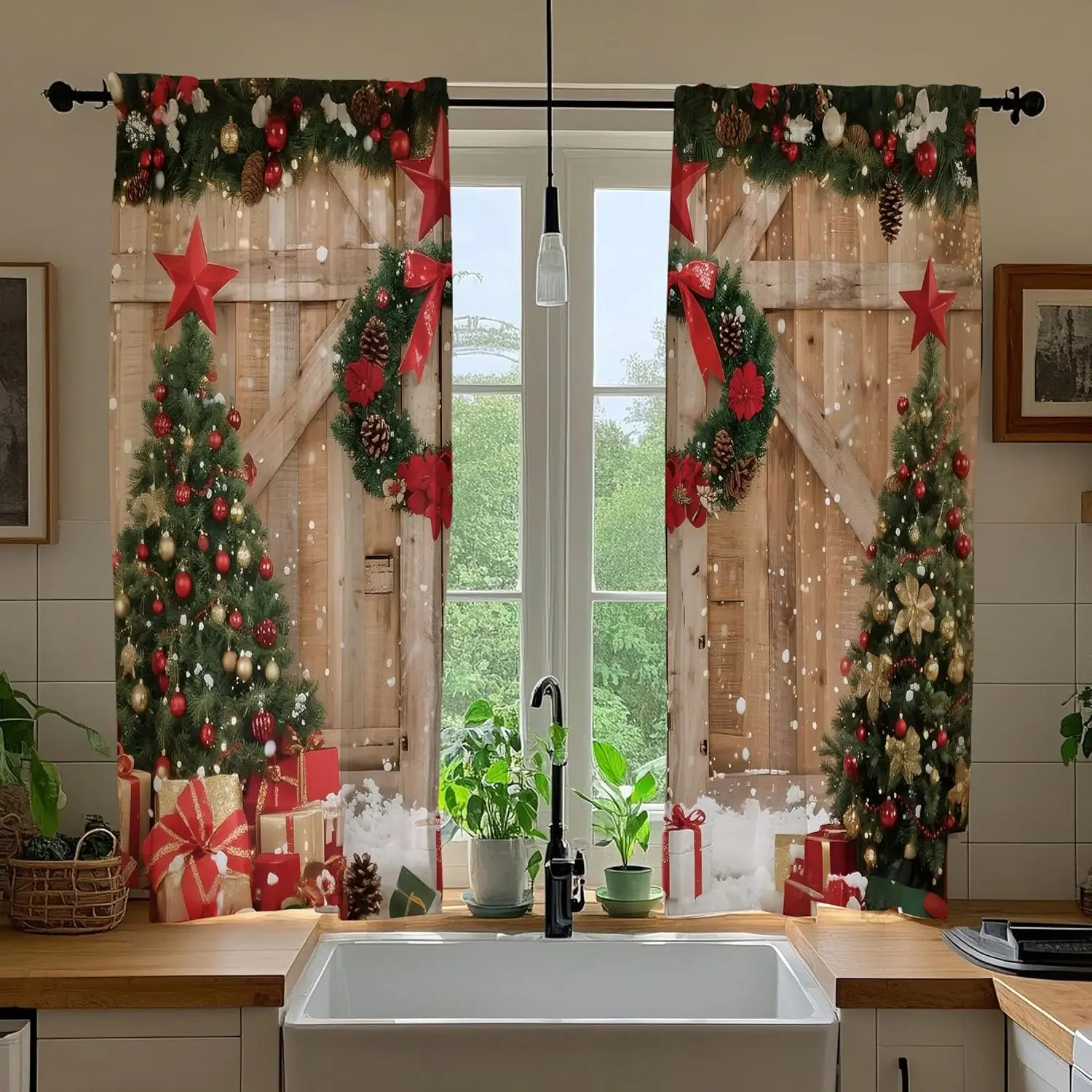 Merry Christmas Barn Door Kitchen Curtains, Farmhouse Wreath Christmas Bathroom Window Treatments Panels Short Xmas New Year