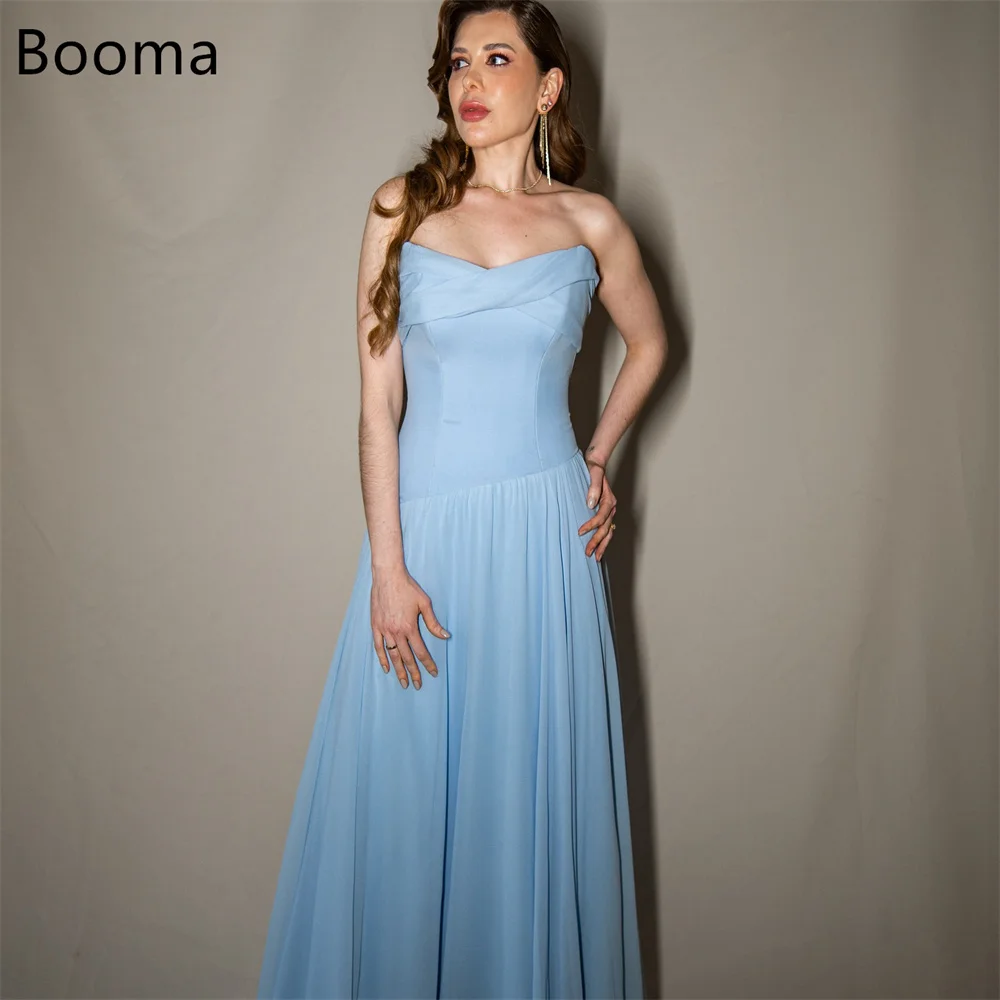 

Booma A-Line Strapless Bule chiffon Sleeveless Evening Dresses Formal Dresses for Women Elegant Pleat Prom Gowns Custom Made