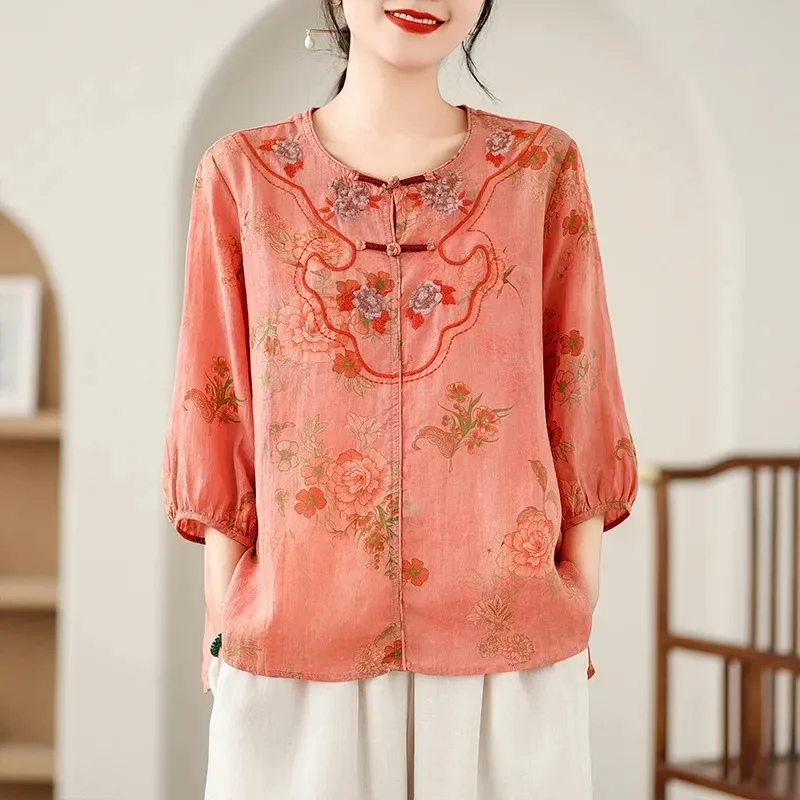 

Женская блузка с коралловым цветочным принтом и застежками-лягушками в традиционном китайском стиле, с рукавами 3/4