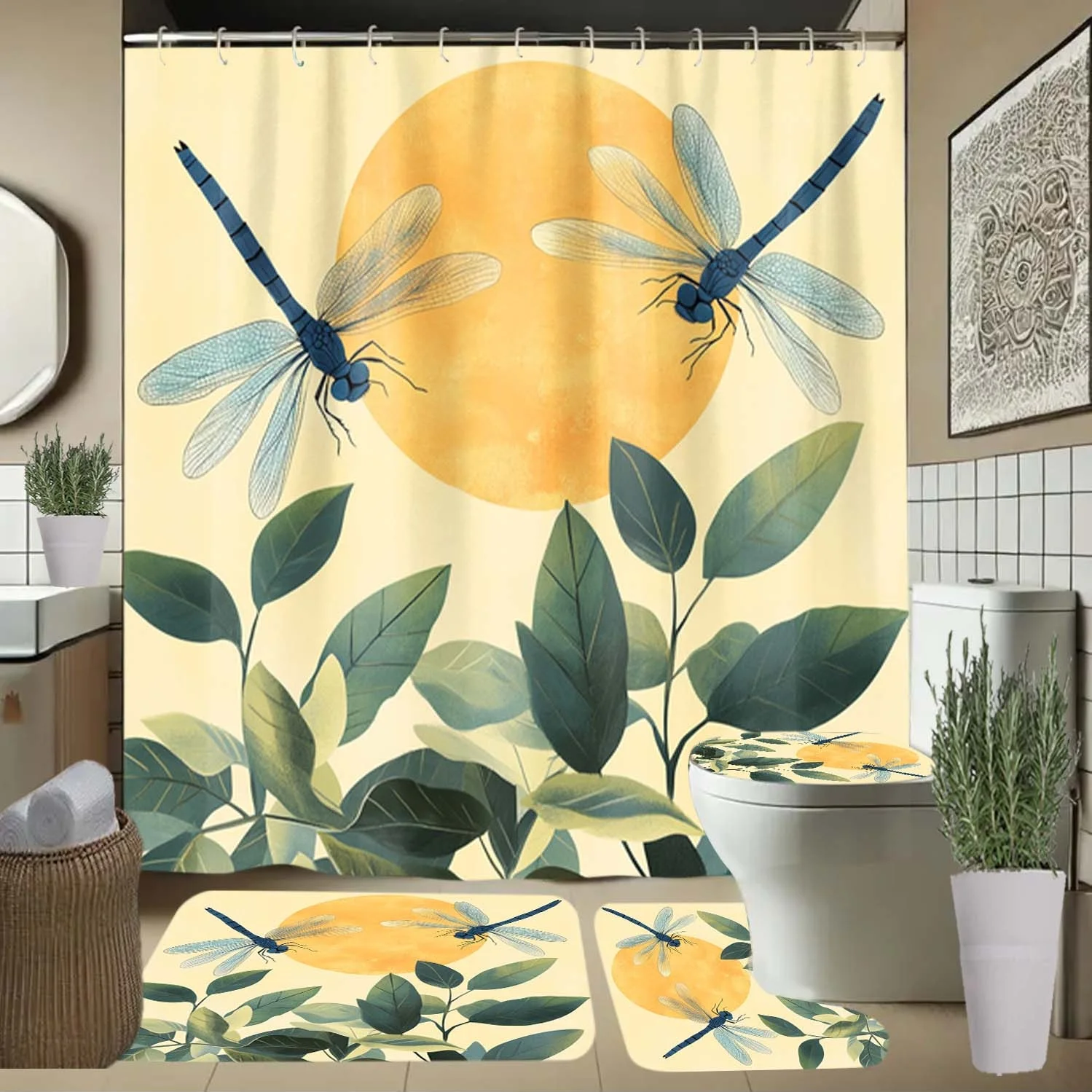 

4 шт., занавеска для душа с рисунком стрекозы, солнца, листьев и крючками, занавеска для перегородки ванной комнаты, аксессуары для ванной комнаты, домашний декор