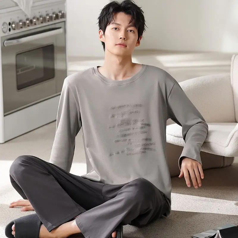 

2026 Весенне-Осенний пижамный комплект больших размеров из 100% хлопка с длинными рукавами для мужчин, корейская свободная одежда для сна, мужская домашняя одежда, домашняя одежда